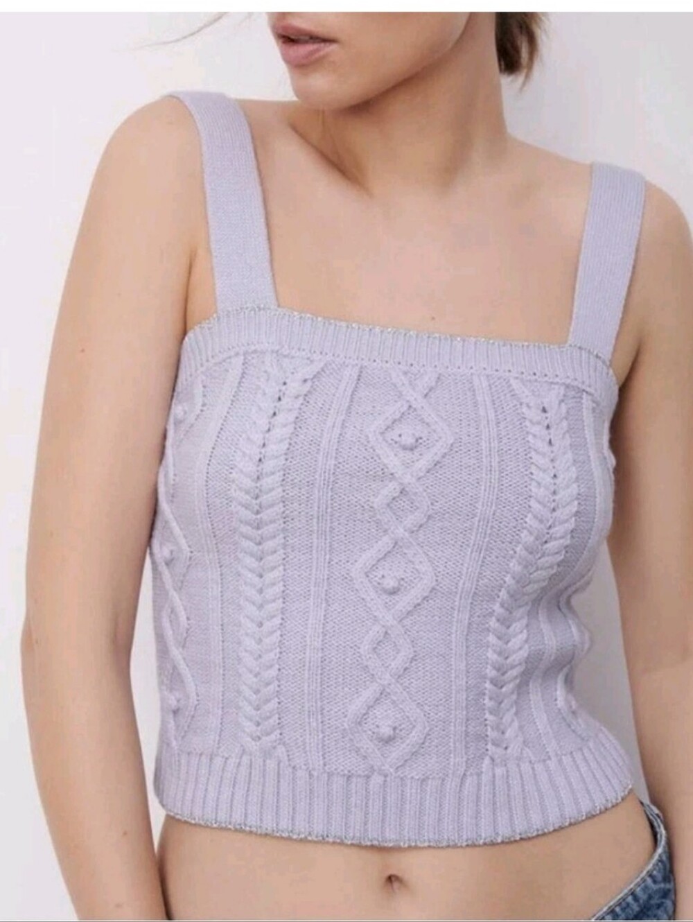 Zara Lilac Cable Knit Tank Top L Metallic Trim Hem Sleeveless Pullover Spring